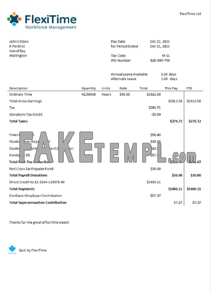 USA FlexiTime workforce management & payroll solutions fake Invoice Word and PDF template